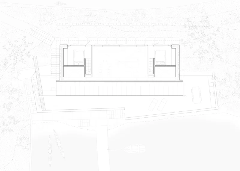 Section drawing showing the single-story volume set into sloping site with terraced exterior