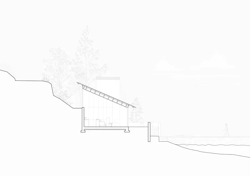 Section drawing showing a single-pitch roof structure nestled into a sloping hillside with trees