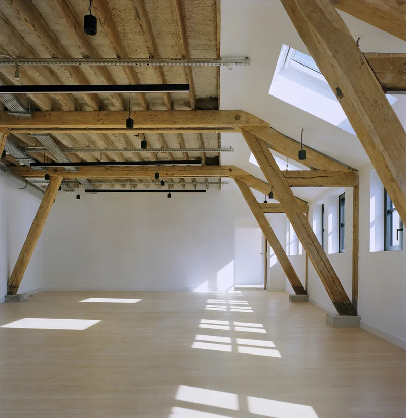Upper floor interior with exposed timber trusses and joists, white walls, and sunlight through skylights