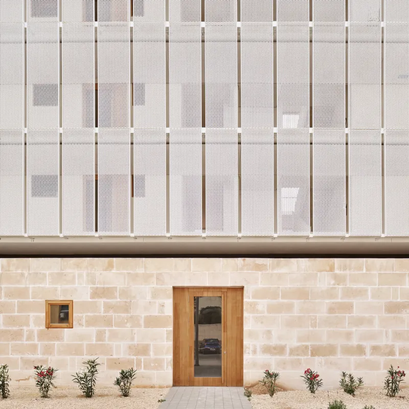 Stone masonry wall with timber and glass door below perforated metal screening and planted bed