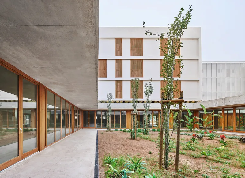 Covered walkway along the courtyard with timber-framed glazing and climbing vines on support columns