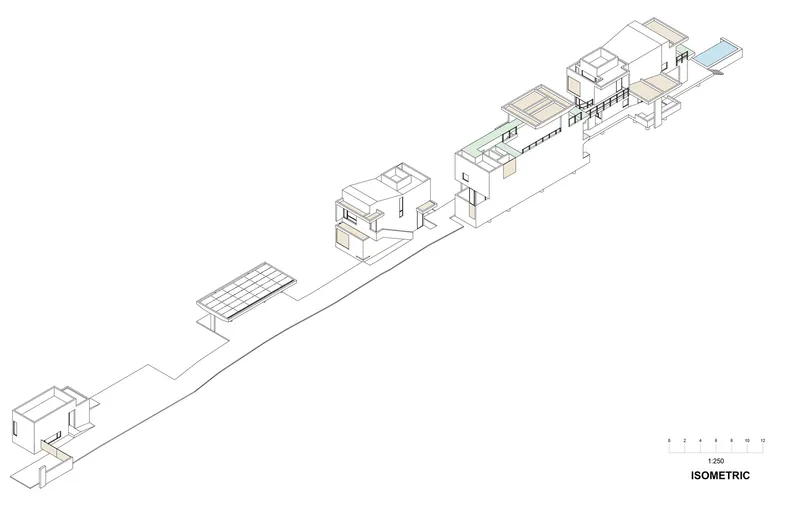 Isometric drawing showing a linear arrangement of pavilion volumes connected by walkways and courtyards