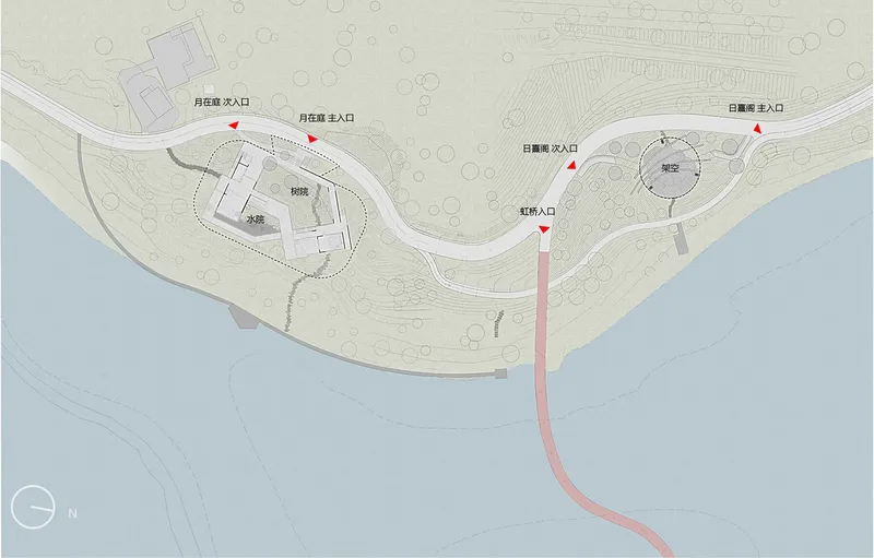 Site plan drawing showing three pavilions along a curved riverbank with pathways and landscaped terrain