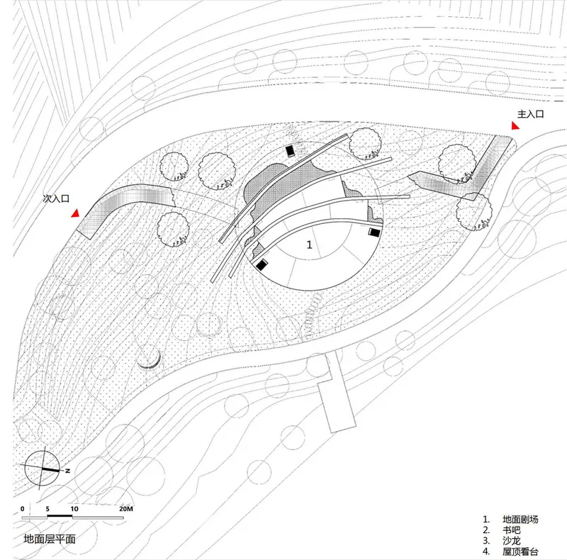 Ground floor plan drawing showing curved building footprint with central teardrop form and surrounding landscape