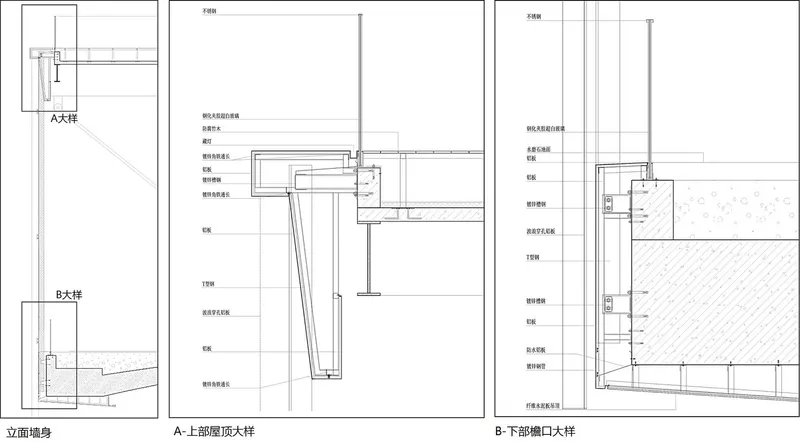 Detail section drawings showing skylight and curtain wall assemblies with material layers annotated