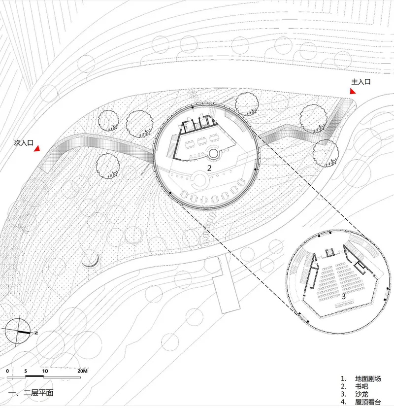 Second floor plan drawing highlighting circular pavilion structure with detailed enlargement callout