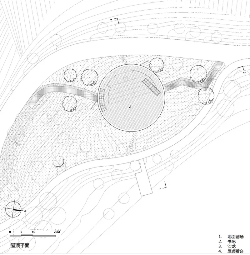 Roof plan drawing illustrating circular pavilion with radial grid pattern surrounded by trees