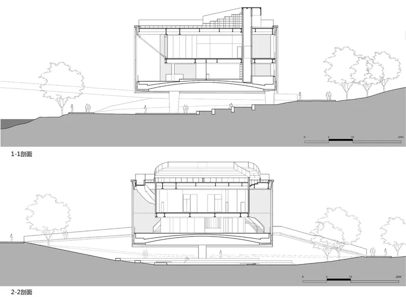 Section drawings showing two level building cut into sloped terrain with trees along pathways
