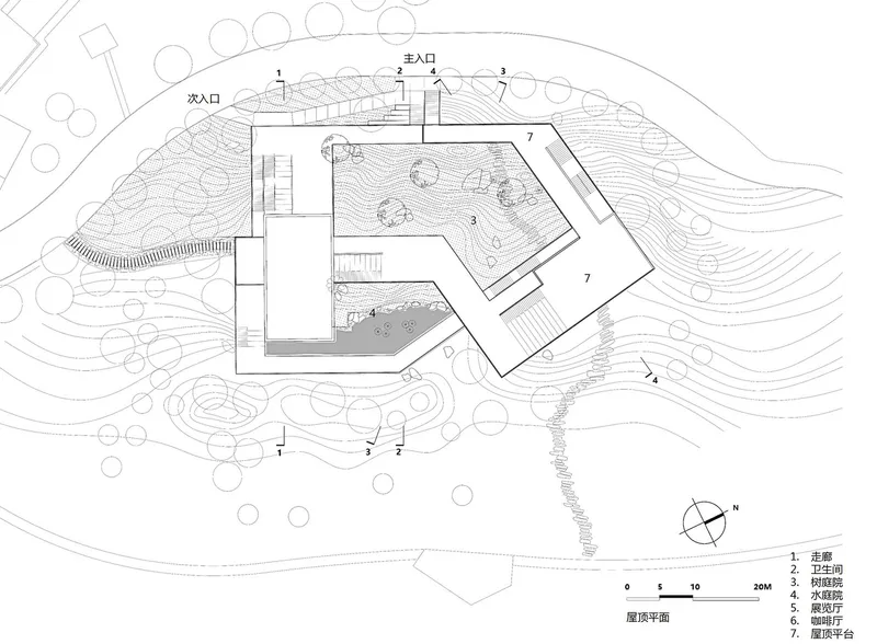 Roof plan drawing depicting angled building forms with stairs and planted courtyard amid contoured landscape