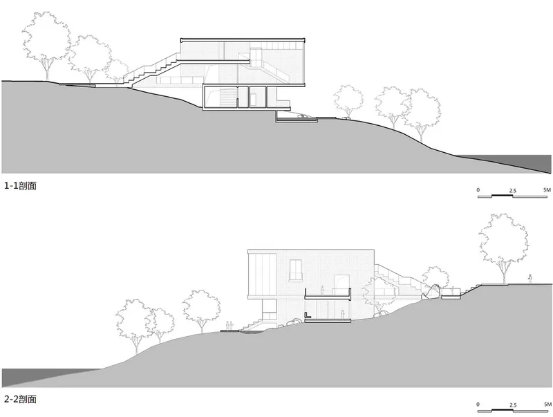 Section drawing showing multi-level building on sloped terrain with trees flanking each side