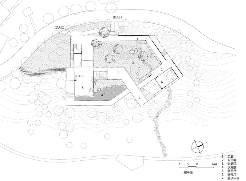 Site plan showing angular building volumes surrounding a courtyard with trees and topographic contours