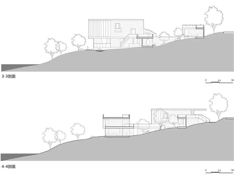 Section drawings illustrating building volumes stepping down hillside with interior spatial relationships and vegetation