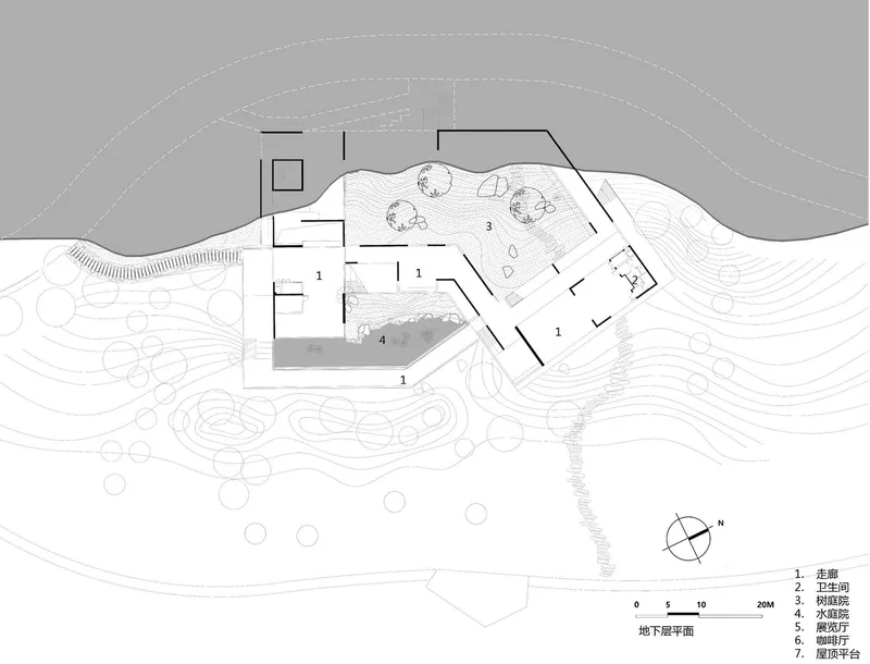 Basement plan drawing showing underground spaces and angular walls nested within topographic contours