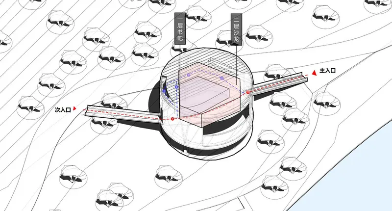 Axonometric diagram of cylindrical volumes with connecting walkways surrounded by trees in circular planters