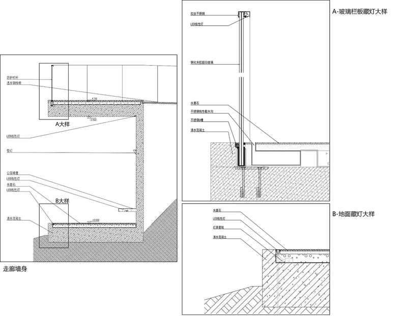 Construction detail drawings showing wall assembly sections with material layers and structural connections