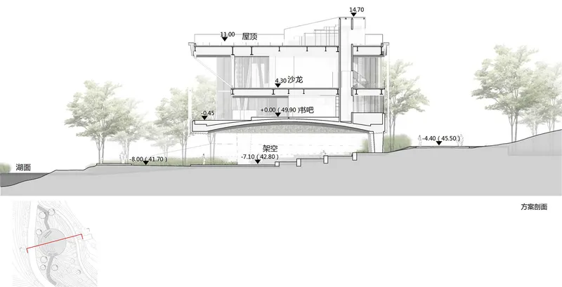 Section drawing showing the multi-level structure set into sloping terrain with adjacent trees