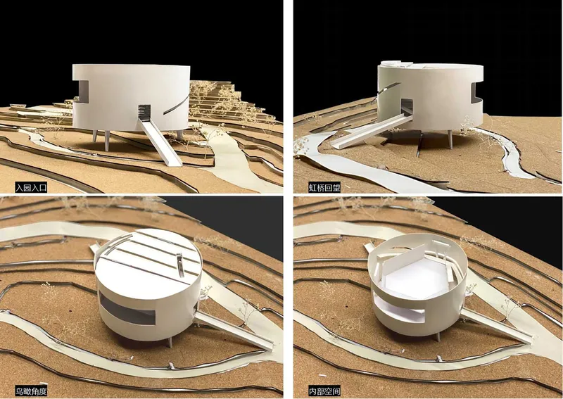 Physical model photographs of a circular building on contoured terraces with entry ramps