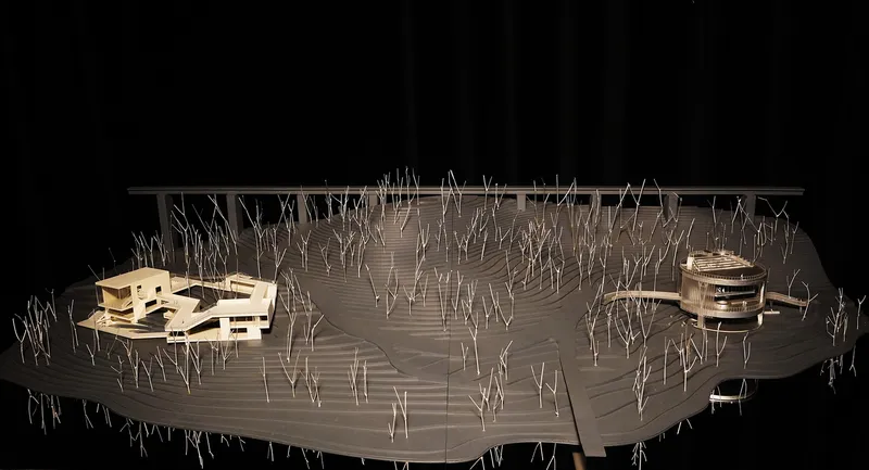 Physical model of two building clusters on a terraced landscape with wire tree armatures