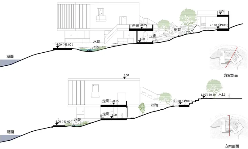 Section drawings showing buildings stepping down a sloped site from lake level to hillside