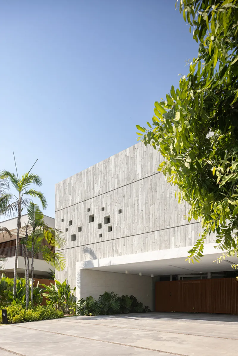 Street view of the vertical timber-clad facade with scattered square windows framed by palm trees