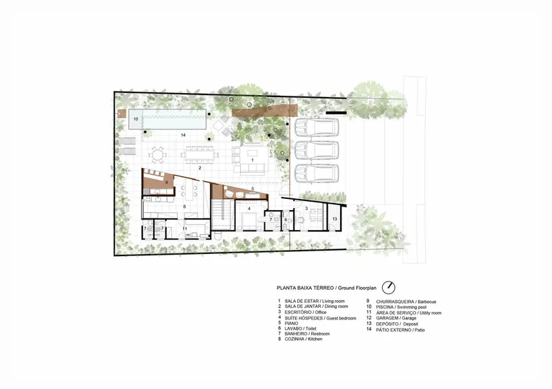 Ground floor plan drawing indicating rooms and carport with adjacent landscaped areas