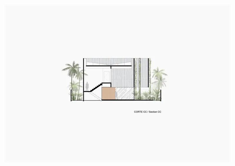 Building section drawing displaying internal staircase and split-level spaces between palm-planted courtyards