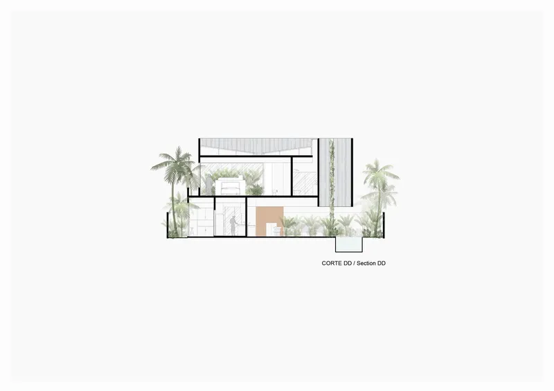 Building section drawing showing terraced interior volumes with planted courtyard and perimeter palm trees
