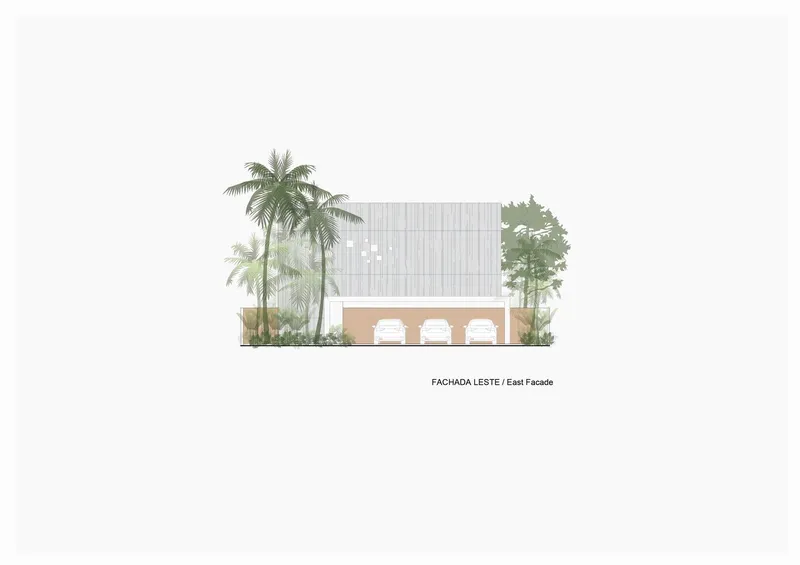 East facade elevation drawing showing two-story vertical timber cladding with ground floor openings and surrounding vegetation