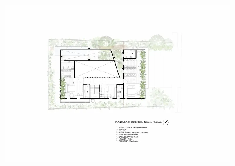 First level floor plan drawing showing bedroom suites and central staircase surrounded by perimeter planting