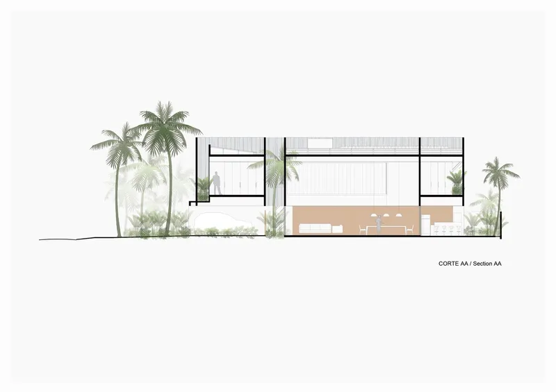 Building section drawing showing open living area with central courtyard and palm trees on both sides