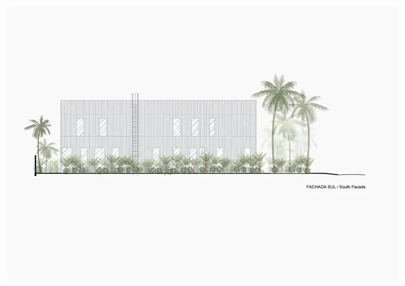 South facade elevation drawing showing a vertically slatted exterior with palm trees and landscape planting