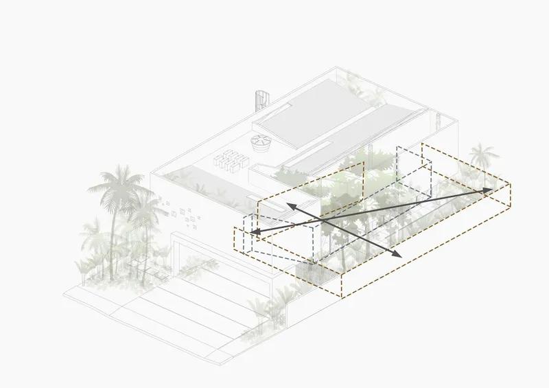 Axonometric drawing highlighting a dashed circulation path through the courtyard and upper terrace