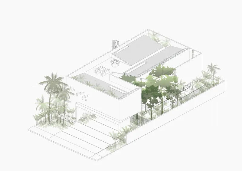 Axonometric drawing showing a two-story residence with courtyard plantings and surrounding palm trees