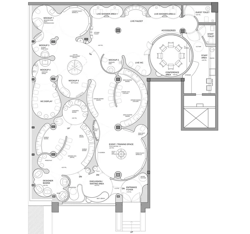 Floor plan drawing showing overlapping circular and curved spaces with labeled program areas and furniture layouts
