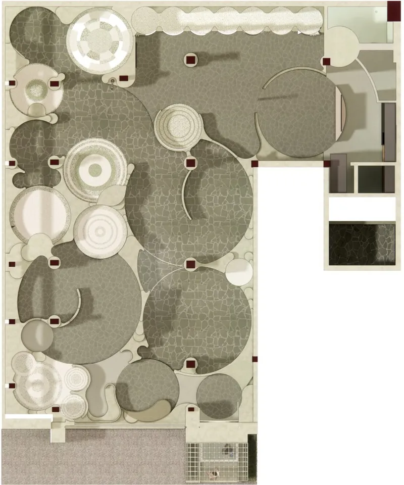 Rendered plan view showing interlocking circular zones with varied material textures and seating arrangements