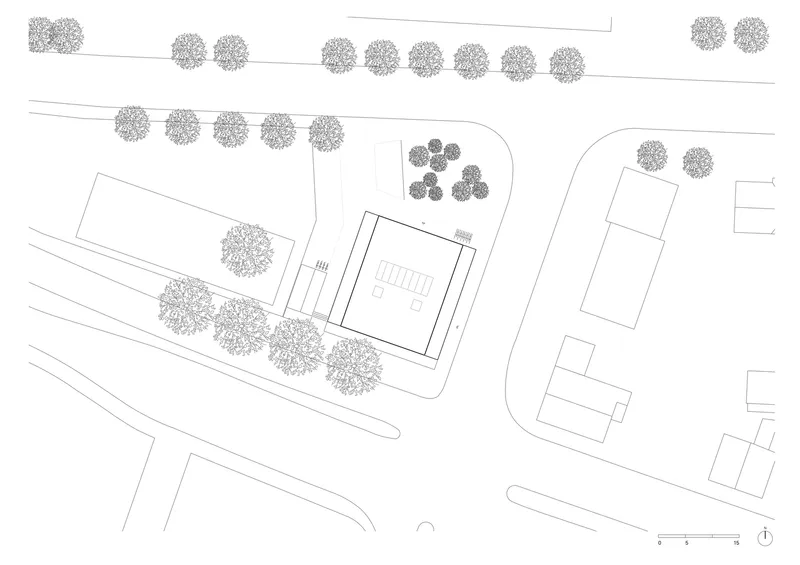 Site plan drawing showing building footprint with street trees and neighbouring structures