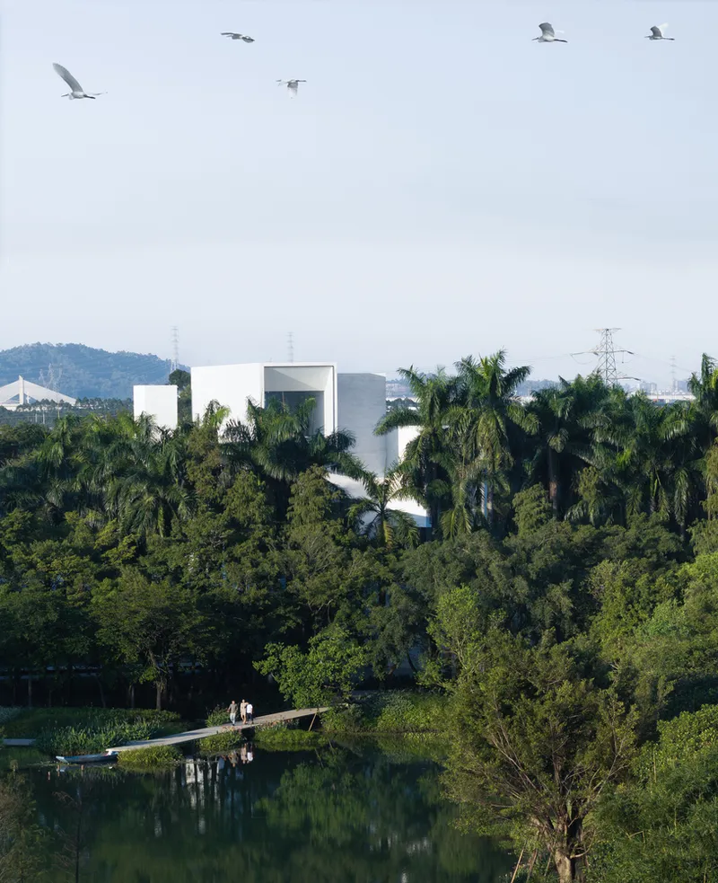 White geometric volumes rising above dense palm and deciduous forest with birds overhead and distant hills