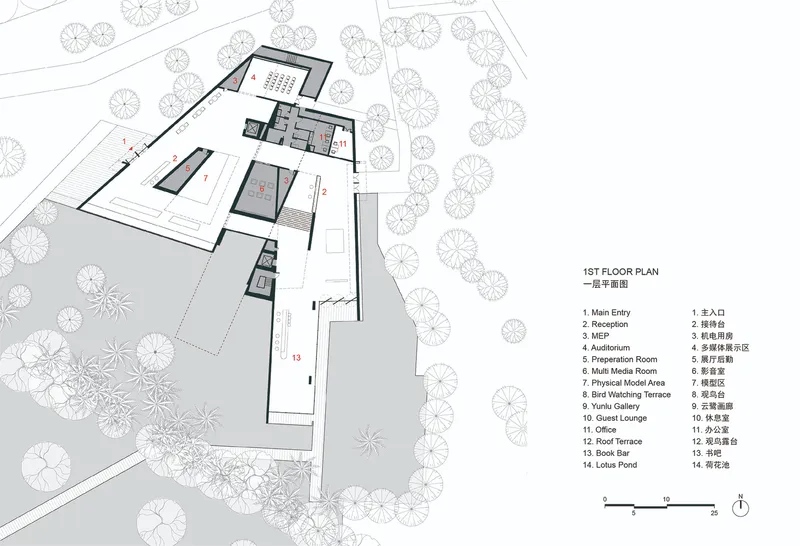 First floor plan drawing showing angular room layouts with surrounding landscape and tree symbols