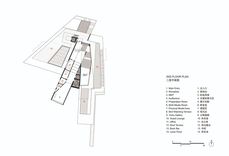 Second floor plan drawing showing angular volumes with an auditorium, gallery, and bird watching terrace