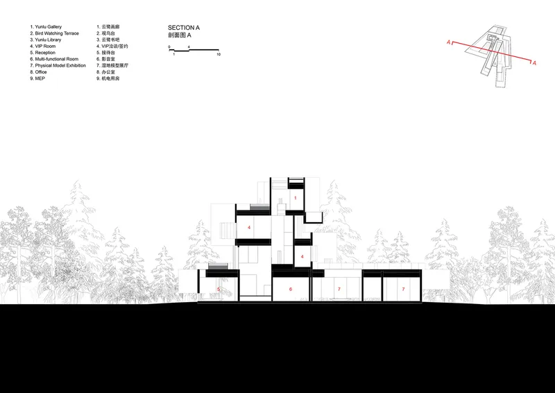 Section drawing showing the stepped volumes emerging from the ground among surrounding evergreen trees