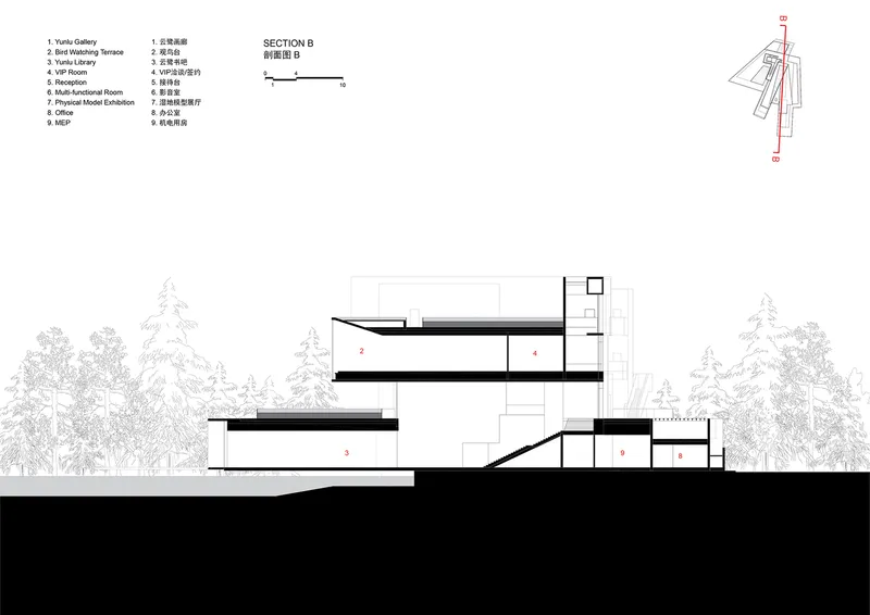 Section drawing showing the split-level interior spaces connected by diagonal circulation among the trees