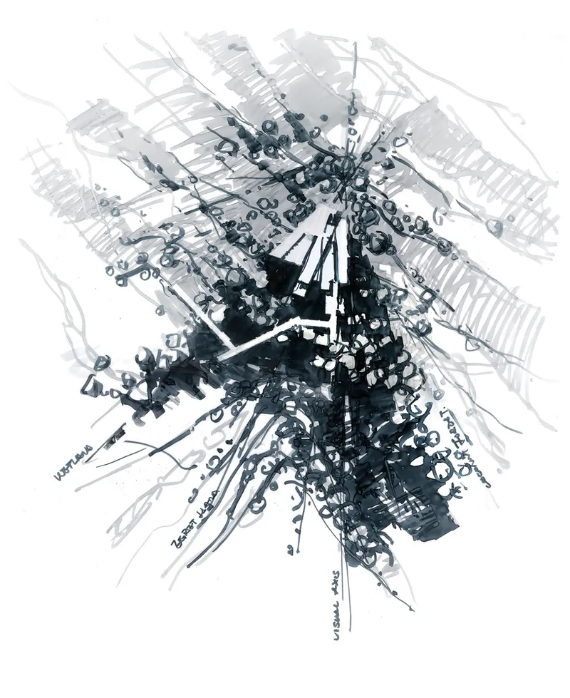 Conceptual sketch rendering an exploded view of architectural volumes with layered structural elements in blue and black ink