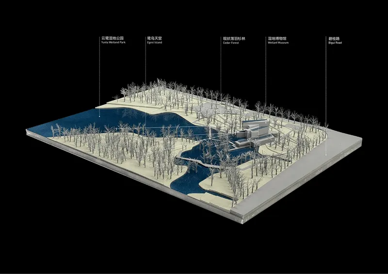 Axonometric model showing a low-slung building surrounded by water and scattered rows of miniature trees