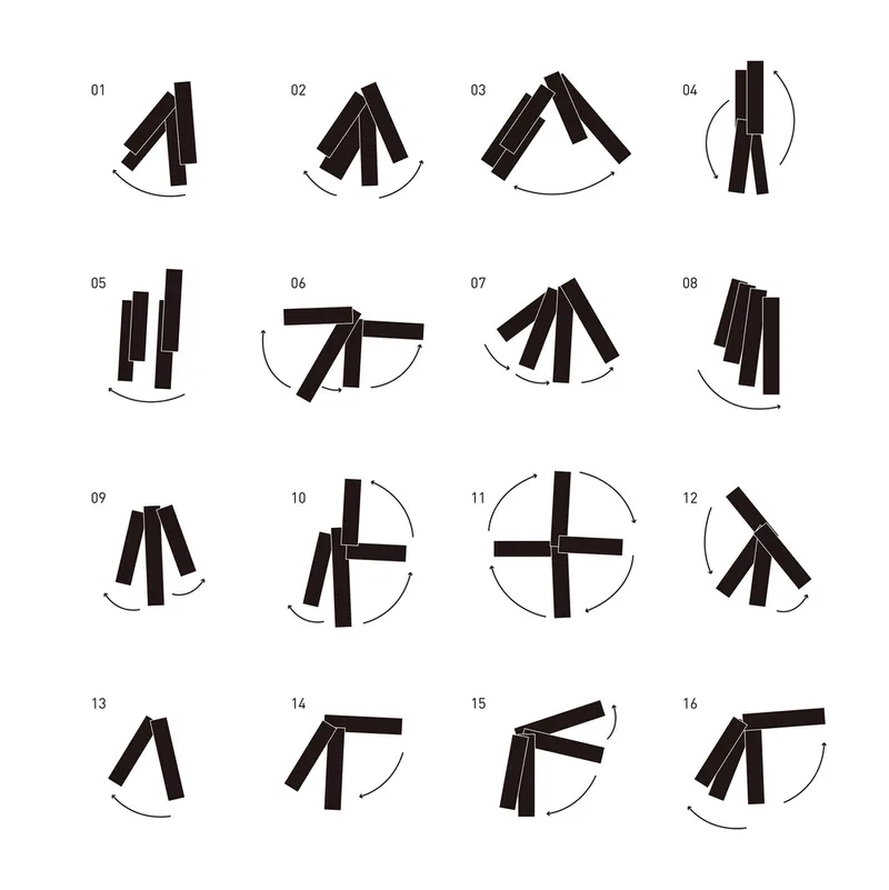 Diagram showing sixteen numbered configurations of angled black bars with curved motion arrows indicating rotation and transformation sequences