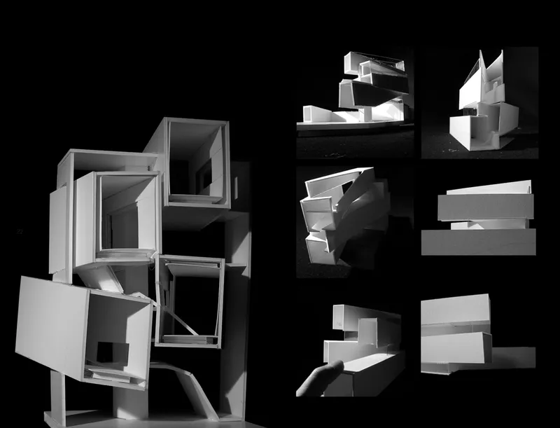 Multiple views of a white sectional study model showing stacked and cantilevered volumes under dramatic lighting