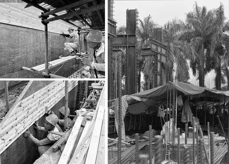 Construction site triptych showing workers building timber formwork and steel reinforcing beneath palm trees