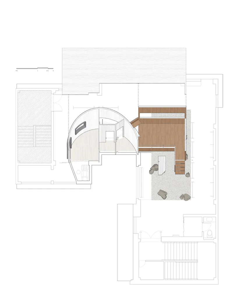 Floor plan drawing showing a curved wall enclosing a living space with timber finishes indicated