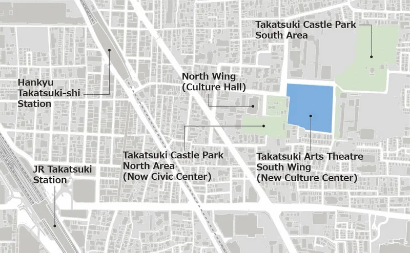 Site map drawing showing the cultural complex location between railway stations and adjacent park areas