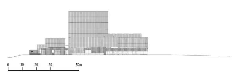 Elevation drawing depicting stacked rectilinear volumes with gridded facades