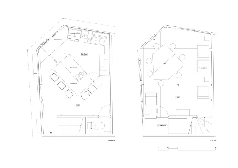Floor plan drawings showing first and second levels of a narrow wedge-shaped cafe with angled seating